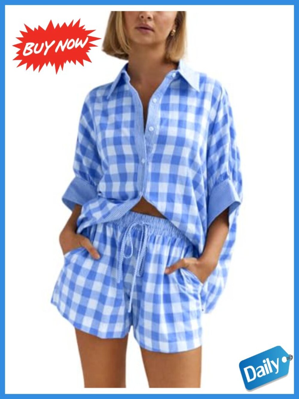 Women's Plaid 2 Piece Outfits Short Sleeve Button Down Shirt and Wide Leg